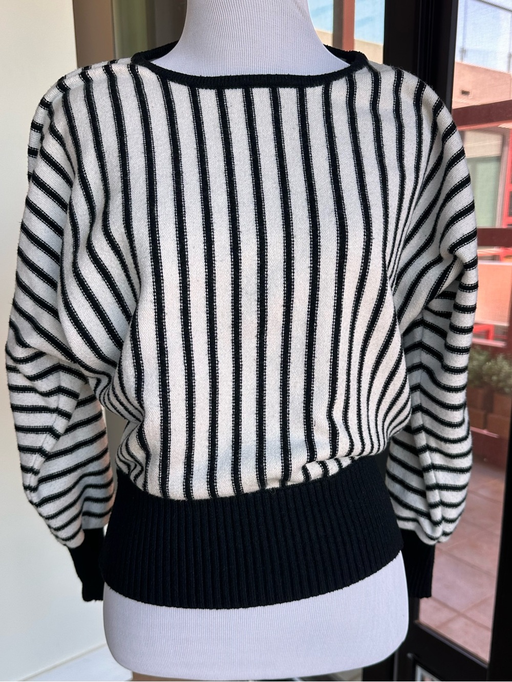 T Tahari Black & White Striped Crewneck Sweater